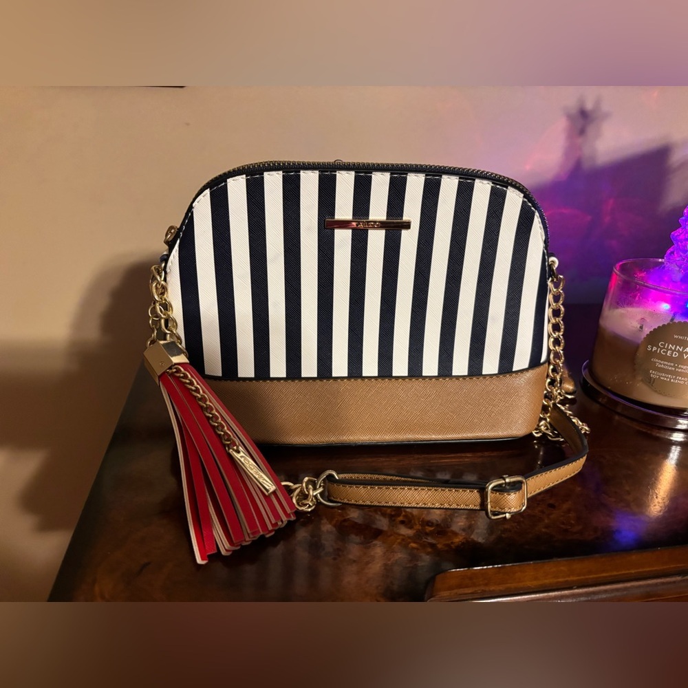 Aldo Navy and White Striped Crossbody Bag with Brown and Red Accents NWOT